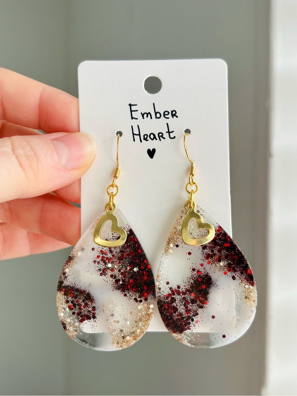 Ember Heart Resin Teardrop Earrings Handmade Red Gold Glitter Dangle Earrings